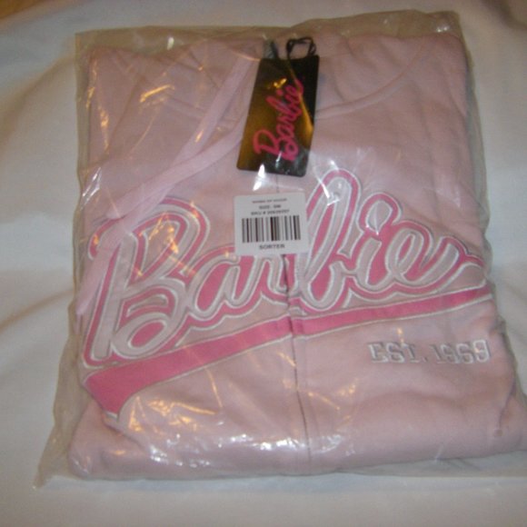 Barbie Full Zip Hoodie Jacket Soft Pink Raised Script Unisex Size New Sealed - Picture 5 of 7